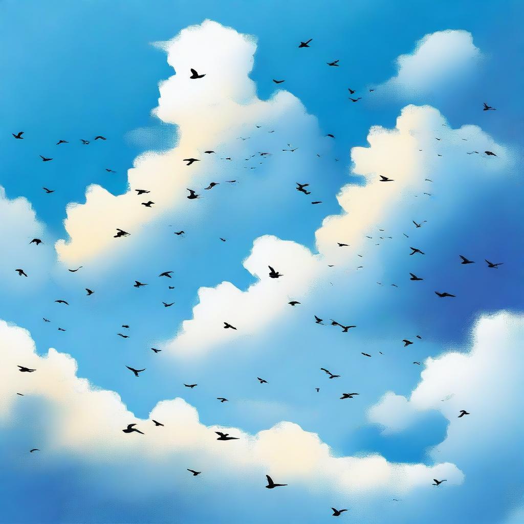 A serene sky of vivid blue, dotted with fluffy, pearlescent clouds, where silhouettes of birds gracefully soar underneath.