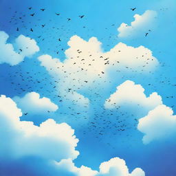 A serene sky of vivid blue, dotted with fluffy, pearlescent clouds, where silhouettes of birds gracefully soar underneath.