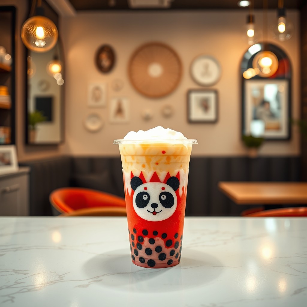 A visually appealing boba tea drink featuring a panda face design on the cup, colored in vibrant red and white