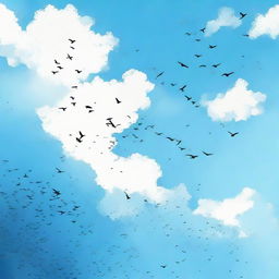 A serene sky of vivid blue, dotted with fluffy, pearlescent clouds, where silhouettes of birds gracefully soar underneath.