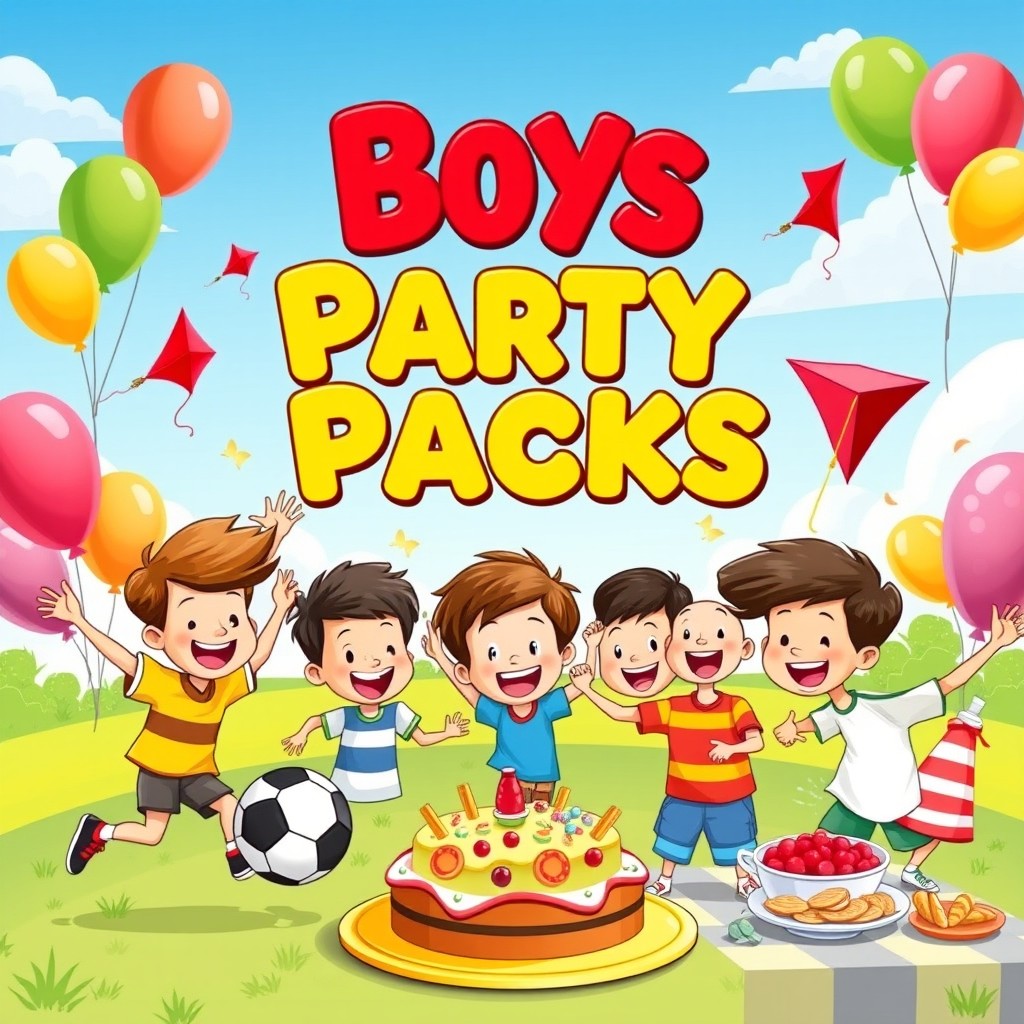 A vibrant and exciting front cover design for a boys' party pack, featuring a group of cheerful boys ages around 8-12 years old, engaged in fun activities like playing soccer, flying kites, and enjoying cake