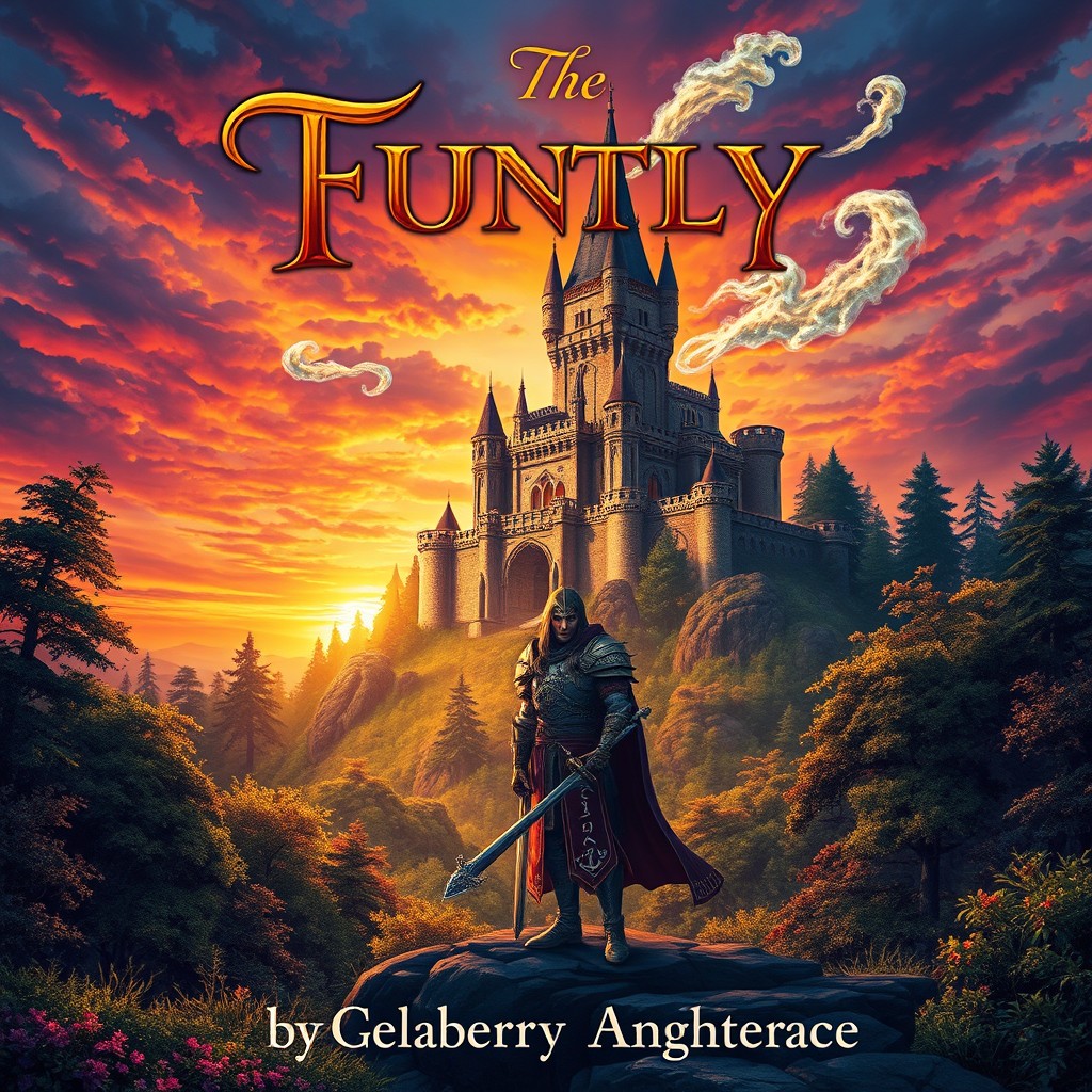 A captivating book cover design featuring an intricate, fantasy landscape with a glowing, mystical castle towering over a lush, enchanted forest