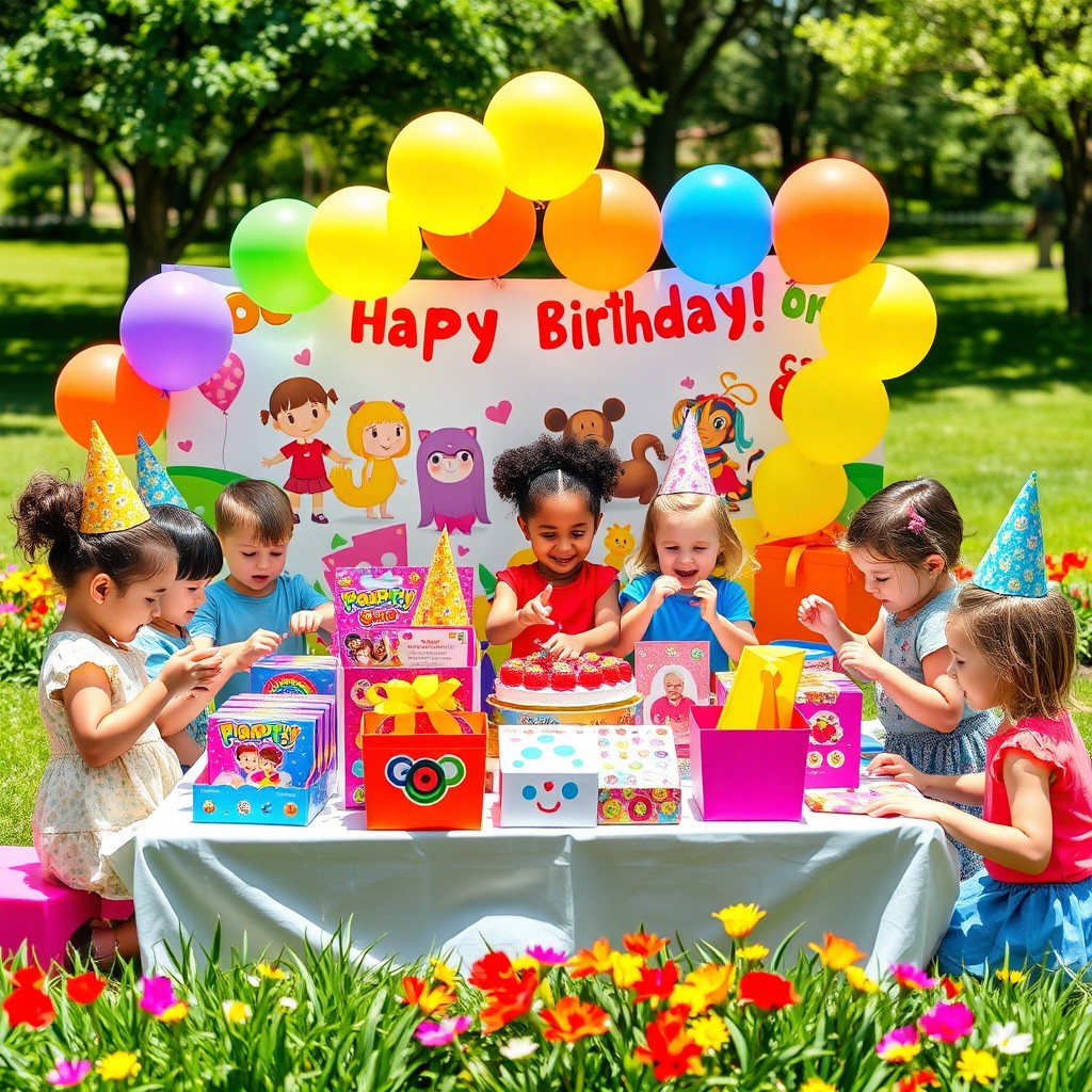 A vibrant and colorful party scene designed for children's birthday parties, featuring an array of fun and exciting party packs