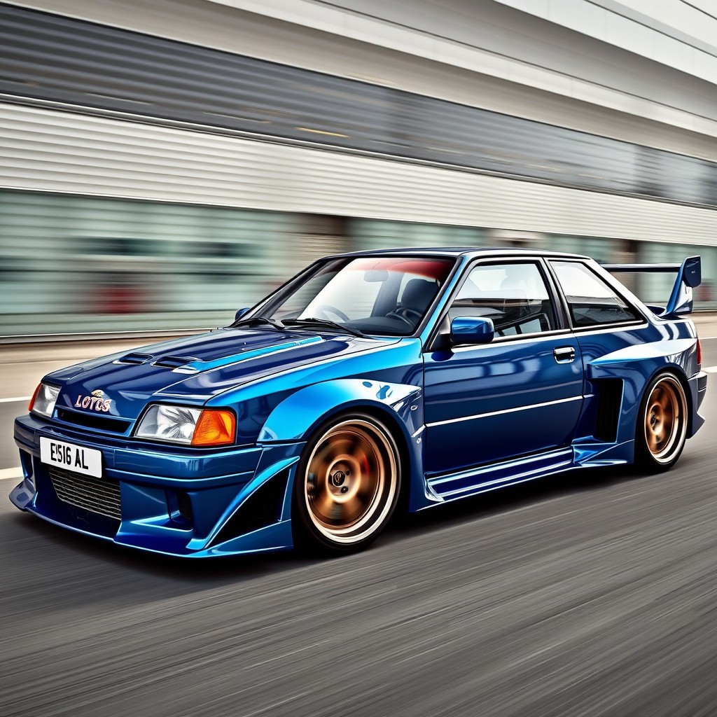 A modified Lotus Carlton featuring a striking widebody kit that enhances its aggressive stance, complemented by sleek racing wheels