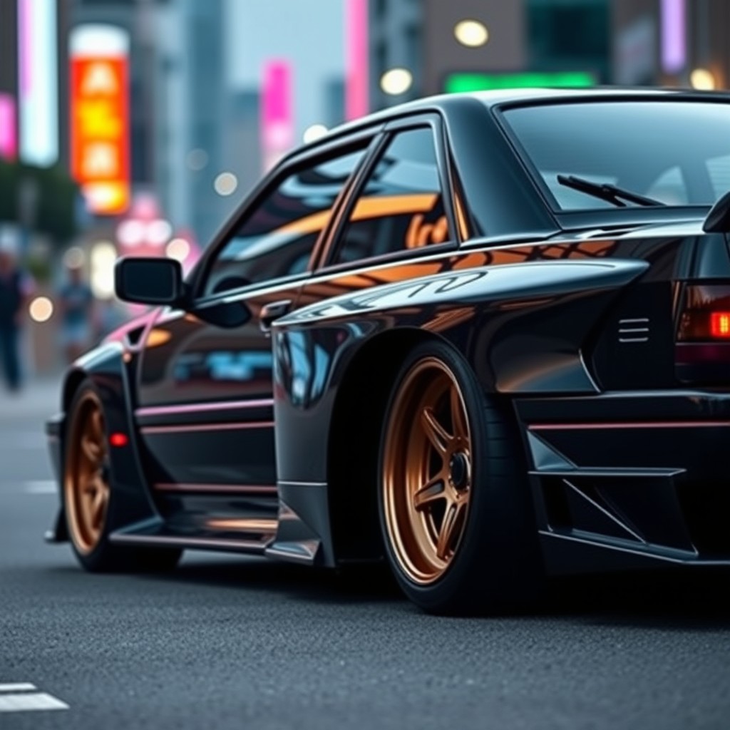A modified Lotus Carlton featuring a striking widebody kit while keeping the original front and back lights intact