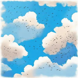 A serene sky of vivid blue, dotted with fluffy, pearlescent clouds, where silhouettes of birds gracefully soar underneath.