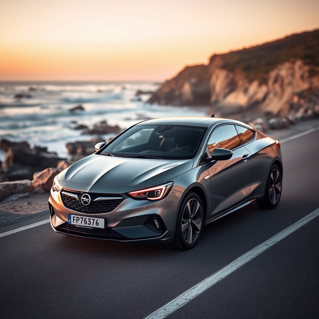 A sleek and modern Opel car parked on a scenic coastal road during sunset, showcasing its glossy finish and aerodynamic design