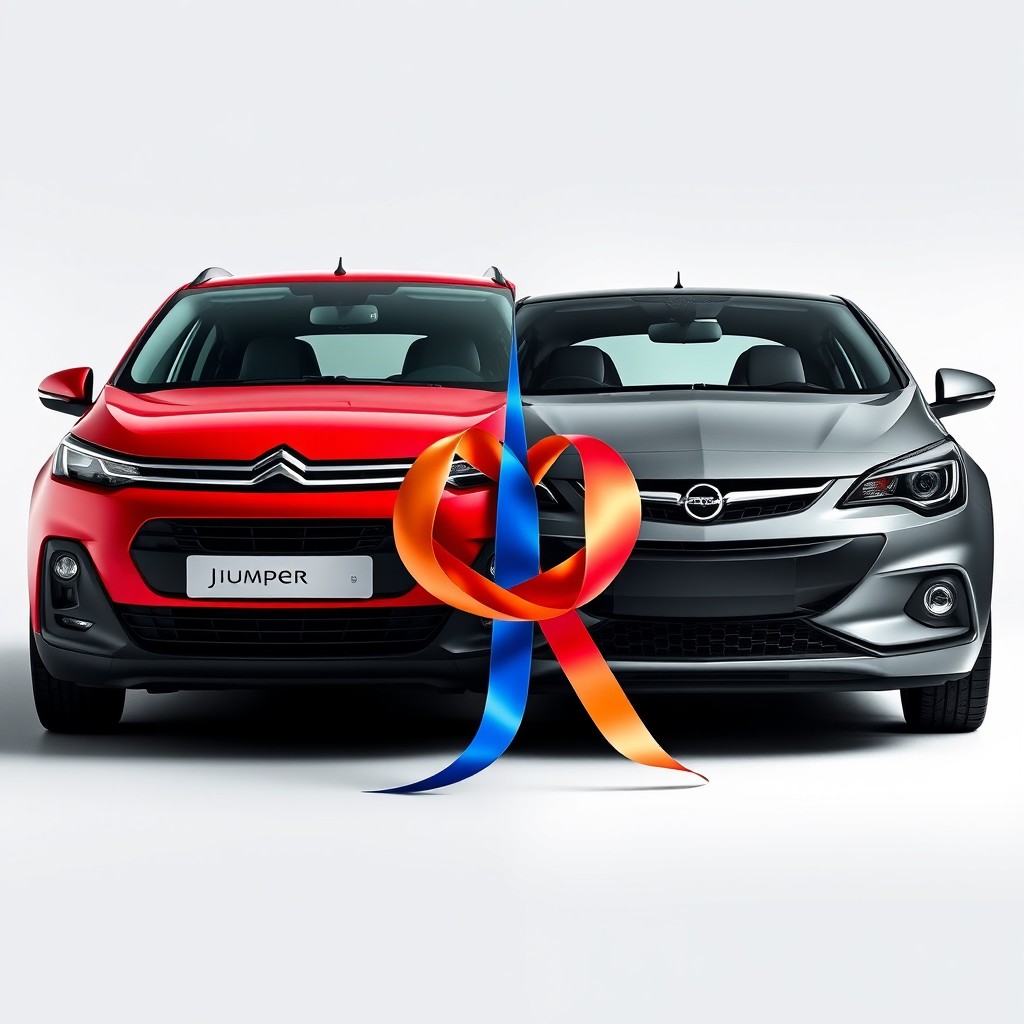 A front view image showcasing a combination of two cars: on the right side, a Citroën Jumper, and on the left side, an Opel Astra GTC