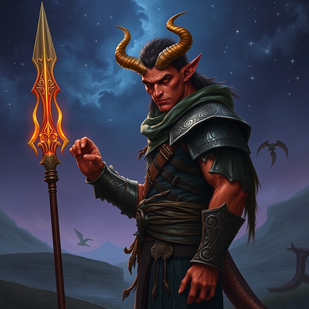 A male Tiefling warrior, featuring distinct reddish skin, sharp horns curving elegantly from his forehead, and a long, flowing tail