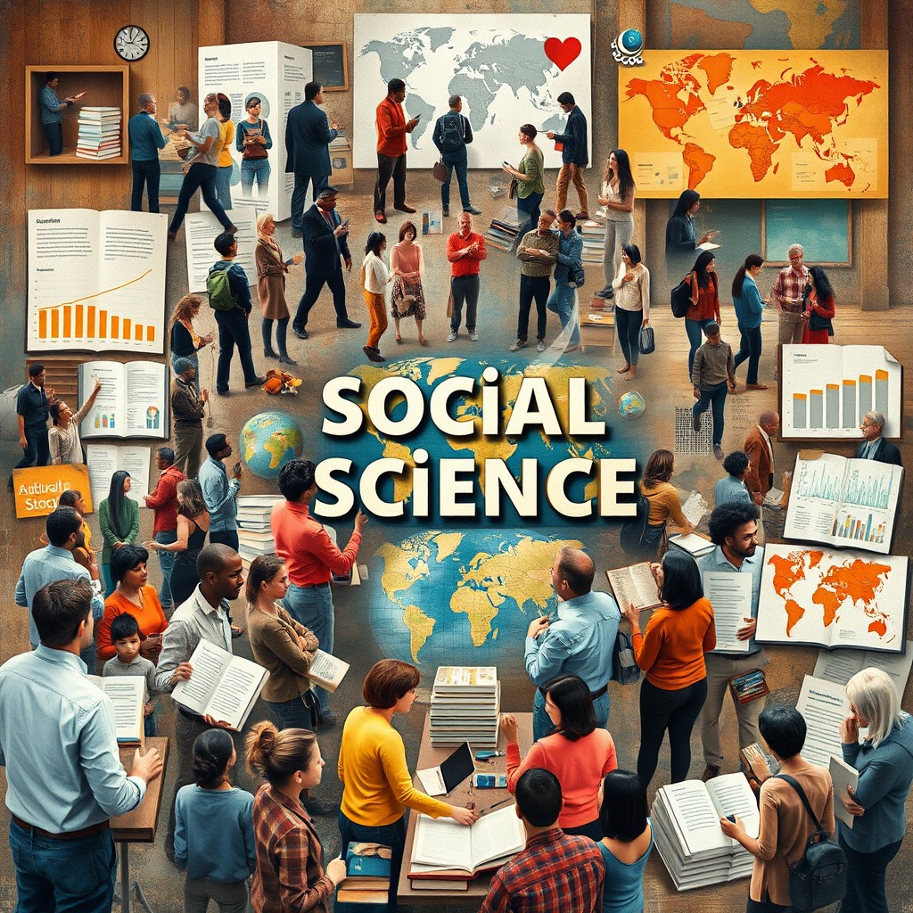 An A4 size image that encapsulates the essence of social science, showcasing a collage of elements including diverse people engaging in discussions, books on sociology and psychology, data charts, and global maps