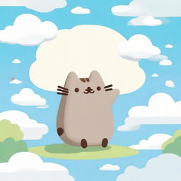 A depiction of cartoon character Pusheen the cat, joyously engaging in playful activities amid fluffy white clouds under a radiant azure sky, symbolizing a serene heaven.