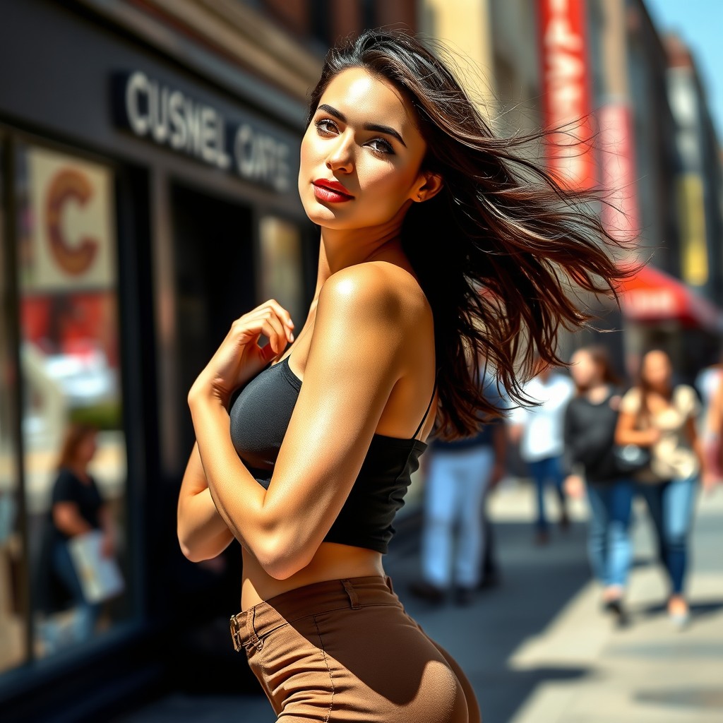 A stunning model posing confidently in a chic urban setting, wearing a stylish and form-fitting outfit that accentuates her features