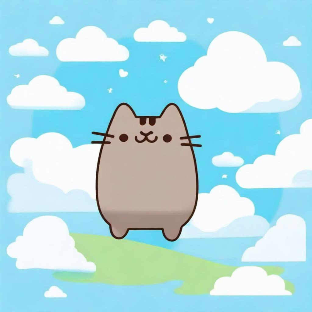 A depiction of cartoon character Pusheen the cat, joyously engaging in playful activities amid fluffy white clouds under a radiant azure sky, symbolizing a serene heaven.