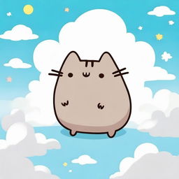 A depiction of cartoon character Pusheen the cat, joyously engaging in playful activities amid fluffy white clouds under a radiant azure sky, symbolizing a serene heaven.