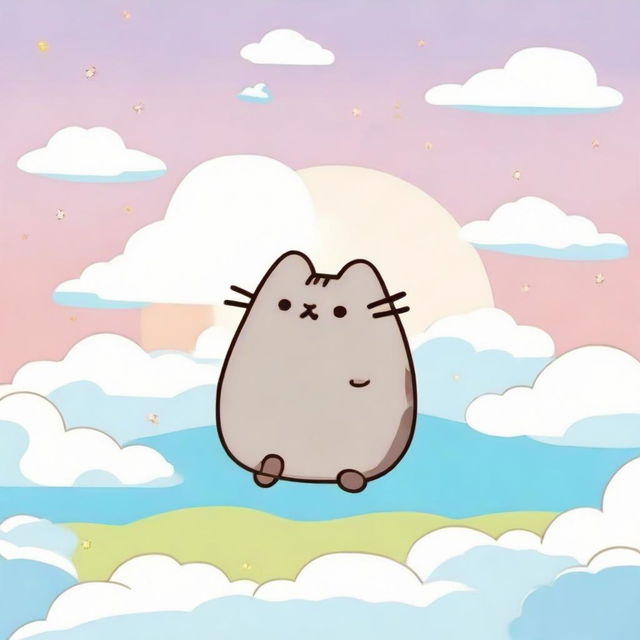 A depiction of cartoon character Pusheen the cat, joyously engaging in playful activities amid fluffy white clouds under a radiant azure sky, symbolizing a serene heaven.