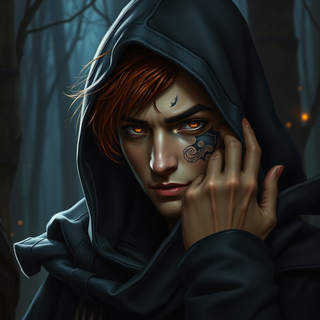 A male elven rogue with dark auburn hair and bright orange eyes, featuring an intricate black tattoo under his right eye that he attempts to conceal with the hood of his cloak