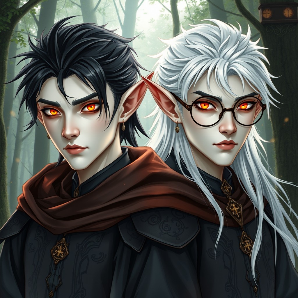 Intriguing twin elven male warlocks with pale skin, one with striking black hair and the other with luminous white hair
