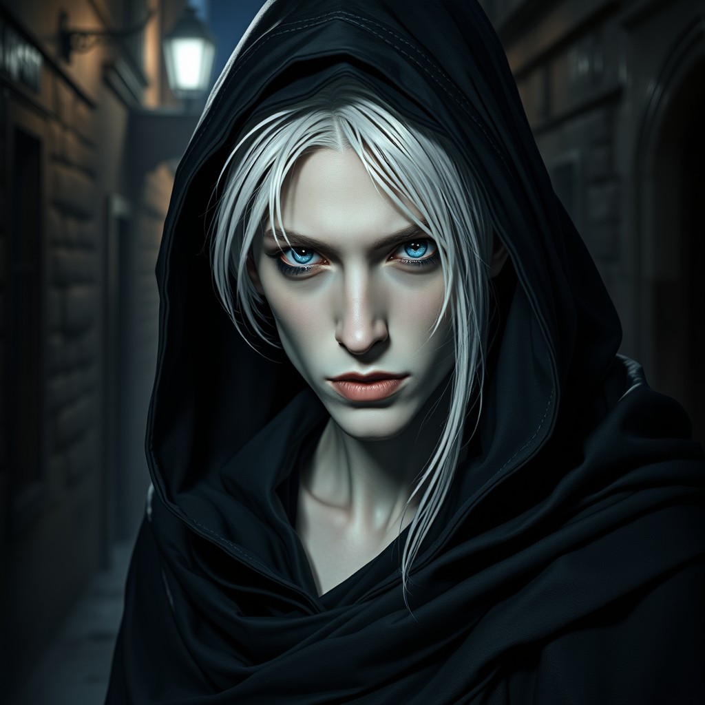 A mysterious male warlock-rogue elf characterized by his pale skin and striking white hair