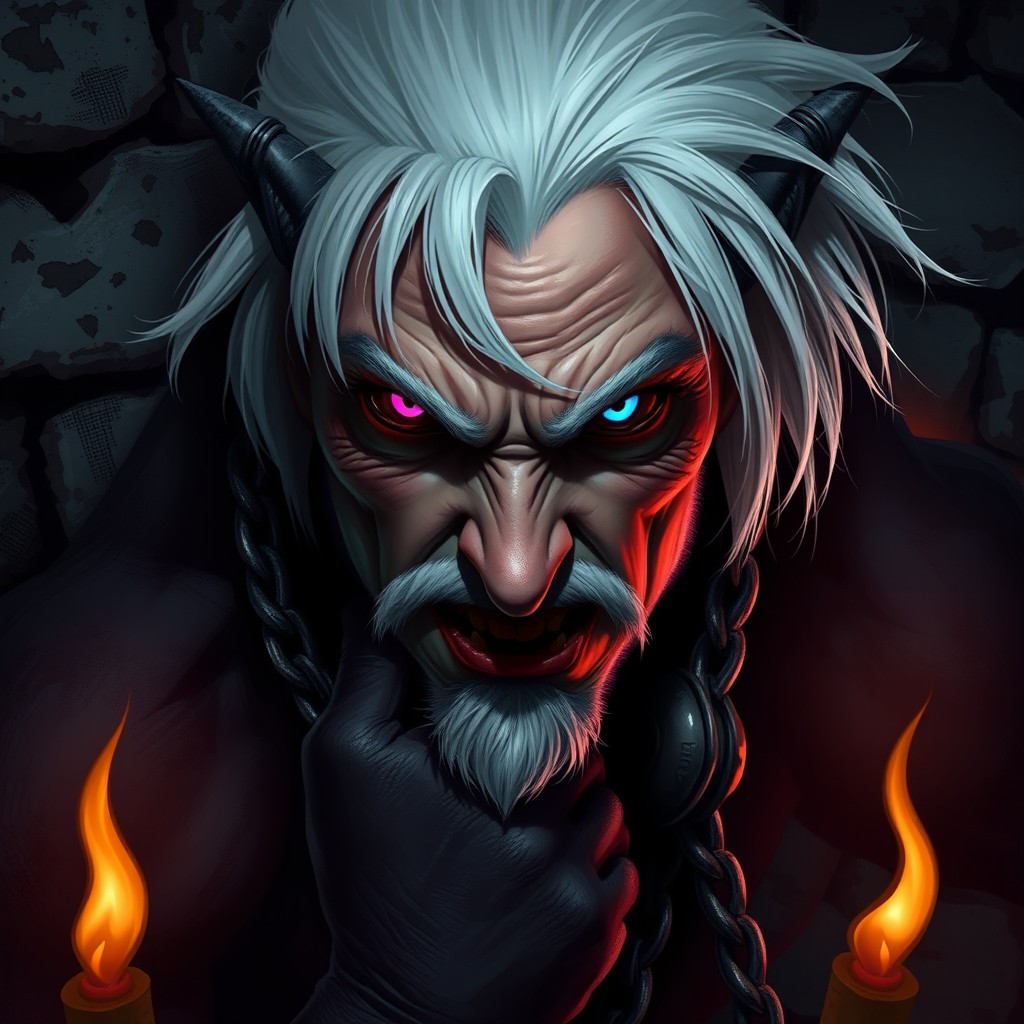 A dangerous looking male tiefling shackled to a dungeon wall, characterized by his striking white hair