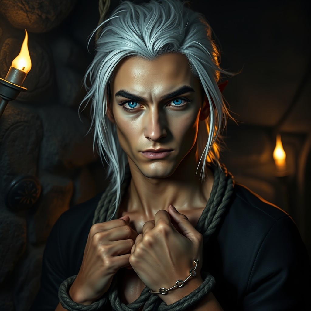 A handsome male tiefling shackled to a dungeon wall, showcasing his striking white hair