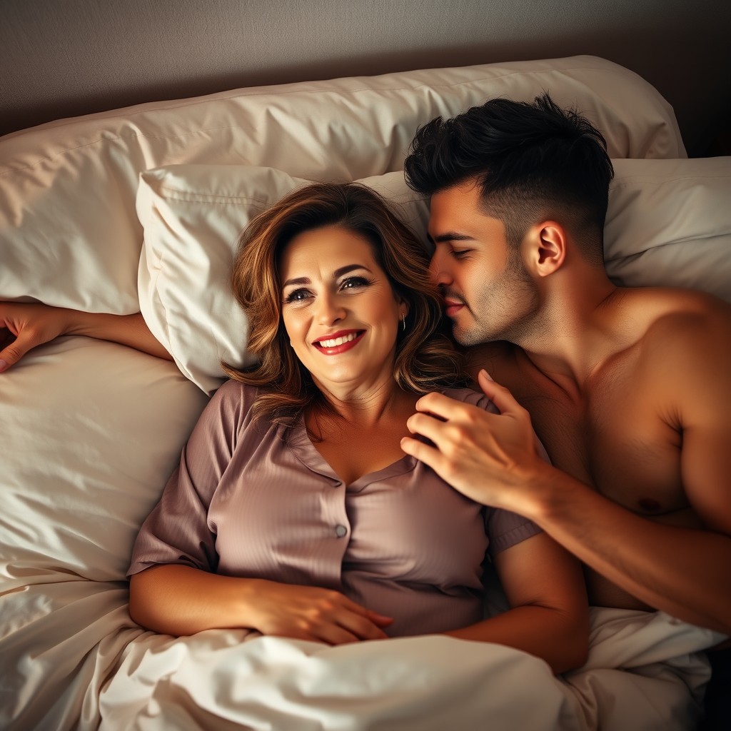 A middle-aged woman lying in bed with two men passionately making out beside her, showcasing a scene filled with intimacy and warmth
