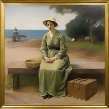 The painting depicted a woman sitting on a bench with a valise next to her, suggesting that she was about to embark on a journey.
