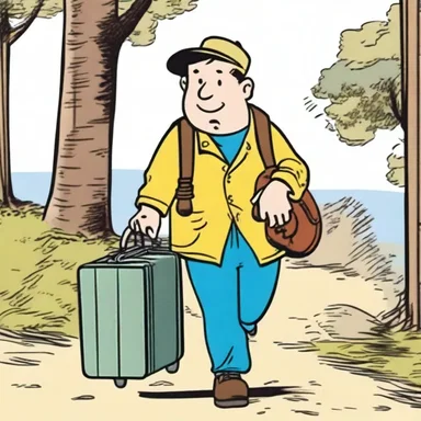 In the comic strip, the main character is always seen carrying a small valise, which contains all their essentials while they go on adventures.