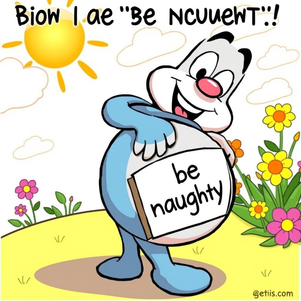 A humorous cartoon depicting a cheeky cartoon character with a playful expression, bending over, showcasing a cheeky 'be careful' sign on its backside