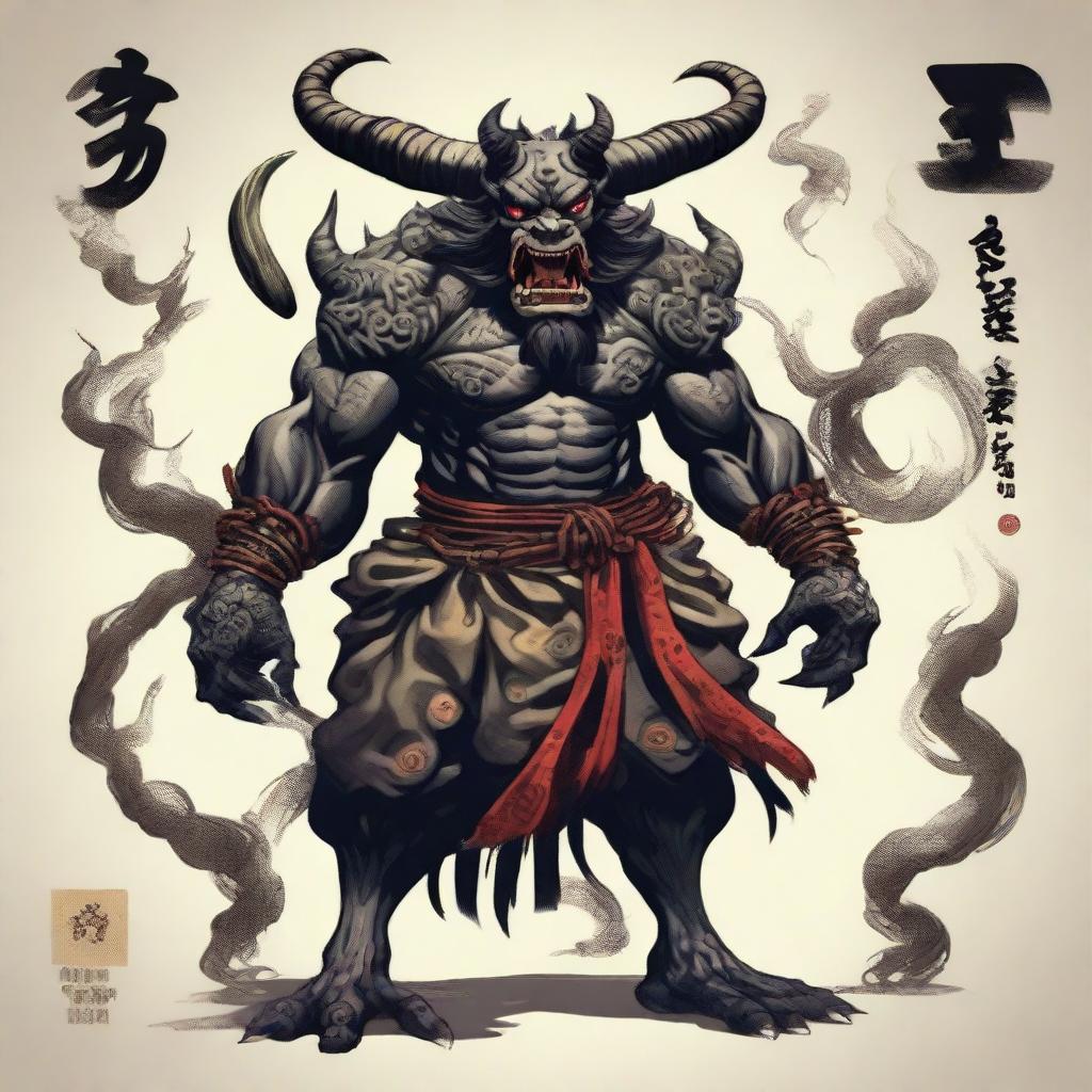 Sukuna, a powerful and imposing demon figure from Japanese folklore, standing tall in his full glory with menacing eyes and multiple arms.