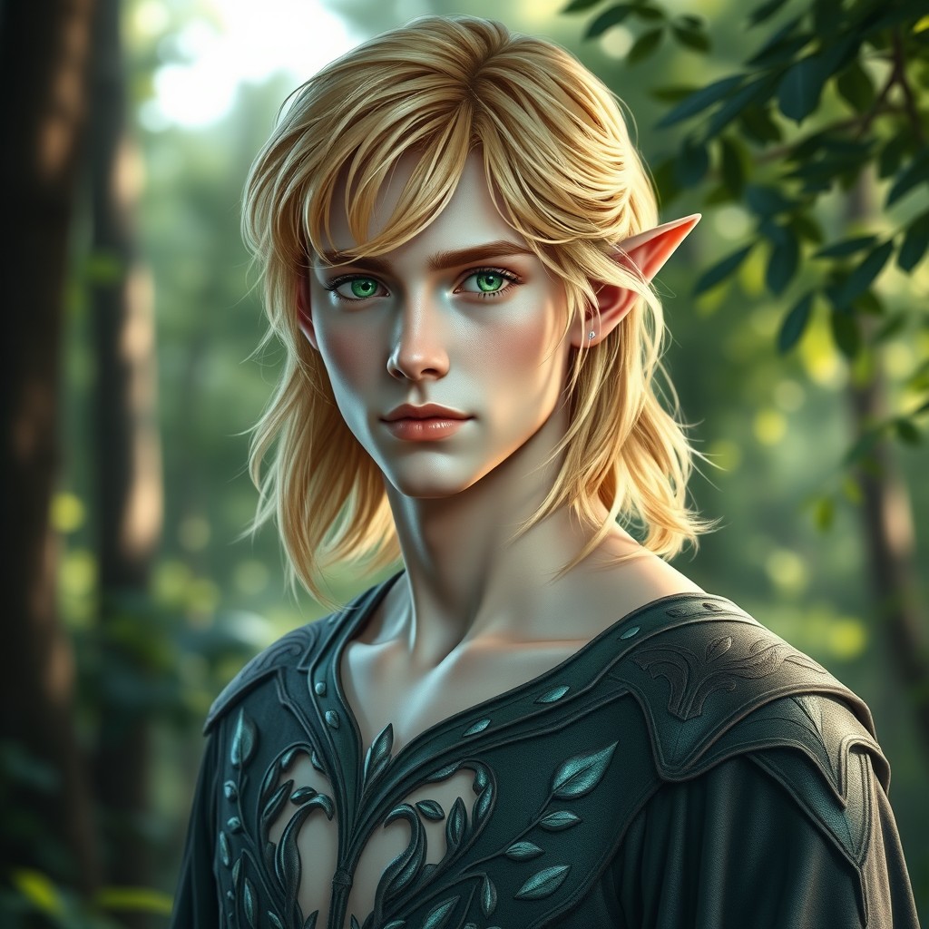 A striking elven male with shoulder-length golden hair, pale skin, and vibrant green eyes