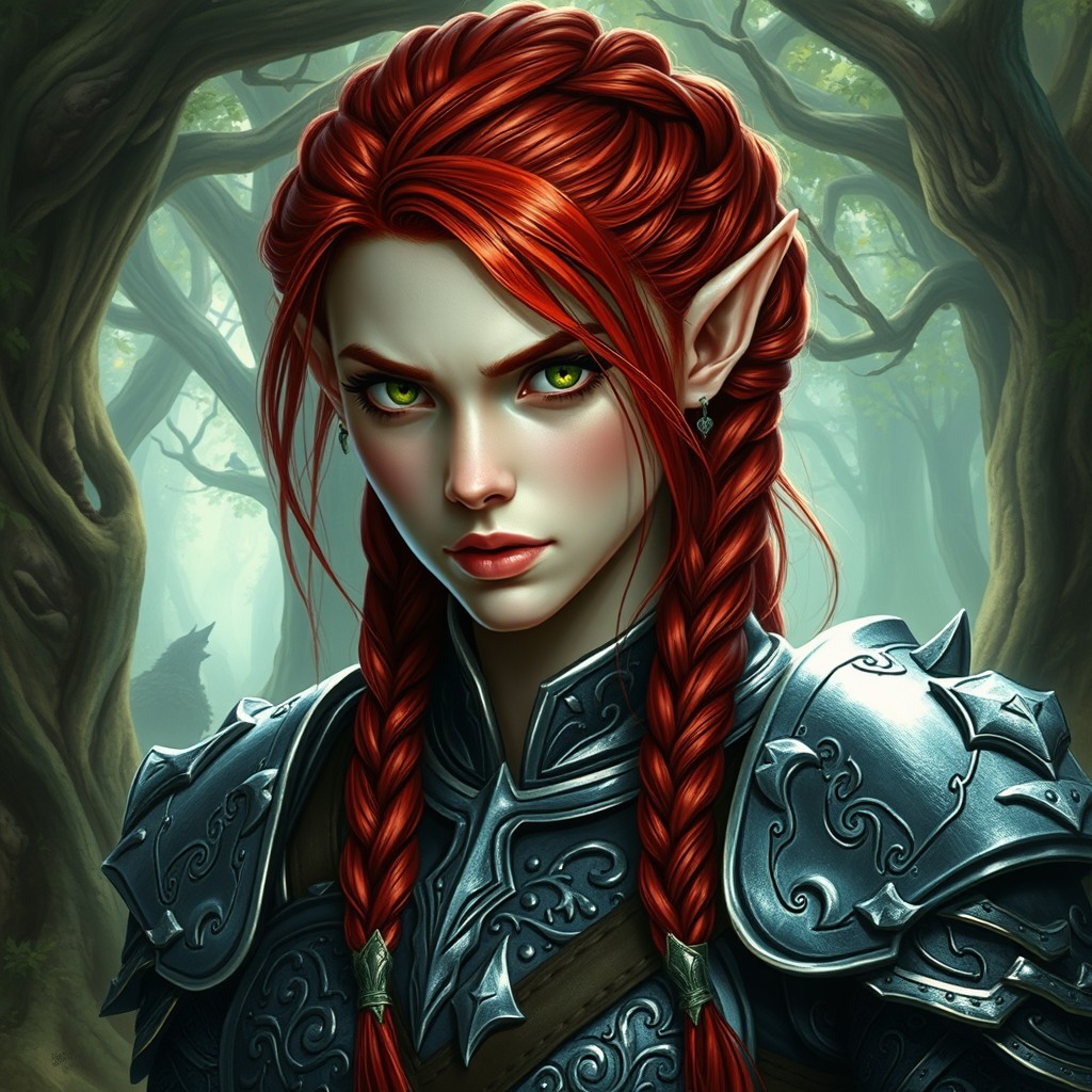An elven female warrior with intricately braided red hair, showcasing her pale skin and striking green eyes