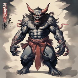 Sukuna, a powerful and imposing demon figure from Japanese folklore, standing tall in his full glory with menacing eyes and multiple arms.