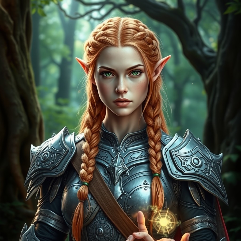 An elven female warrior with beautifully braided reddish-blond hair, her pale skin glowing delicately in the light