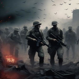 A digital art image that encapsulates the grim atmosphere of a war movie