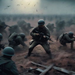 A digital art image that encapsulates the grim atmosphere of a war movie