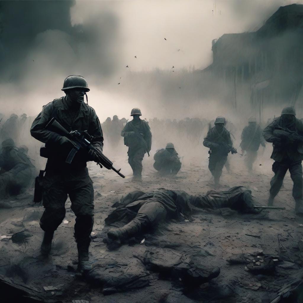 A digital art image that encapsulates the grim atmosphere of a war movie