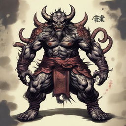 Sukuna, a powerful and imposing demon figure from Japanese folklore, standing tall in his full glory with menacing eyes and multiple arms.