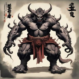 Sukuna, a powerful and imposing demon figure from Japanese folklore, standing tall in his full glory with menacing eyes and multiple arms.