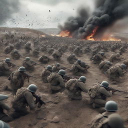 A photorealistic 3D render embodying the stark realism of a war movie