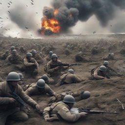 A photorealistic 3D render embodying the stark realism of a war movie