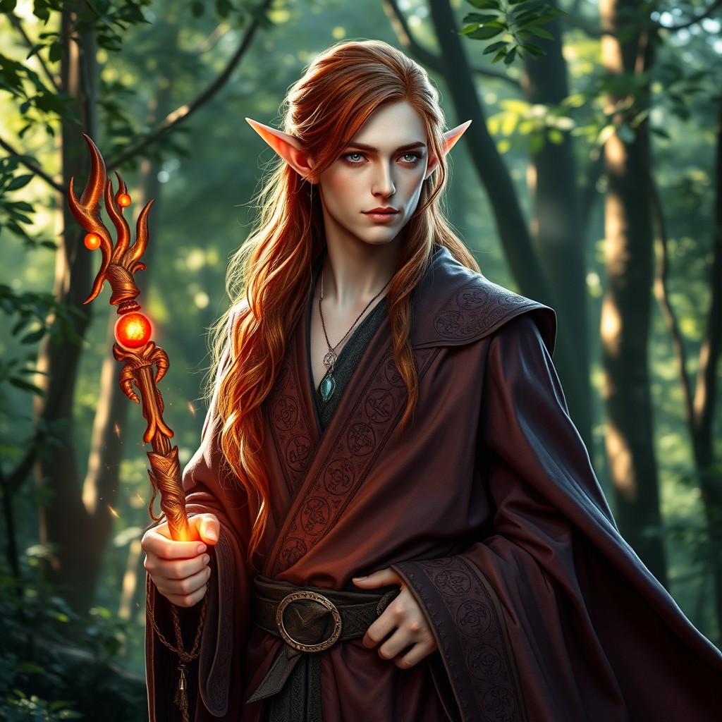A male elf sorcerer with striking auburn hair and feminized features, standing elegantly in a mystical forest setting