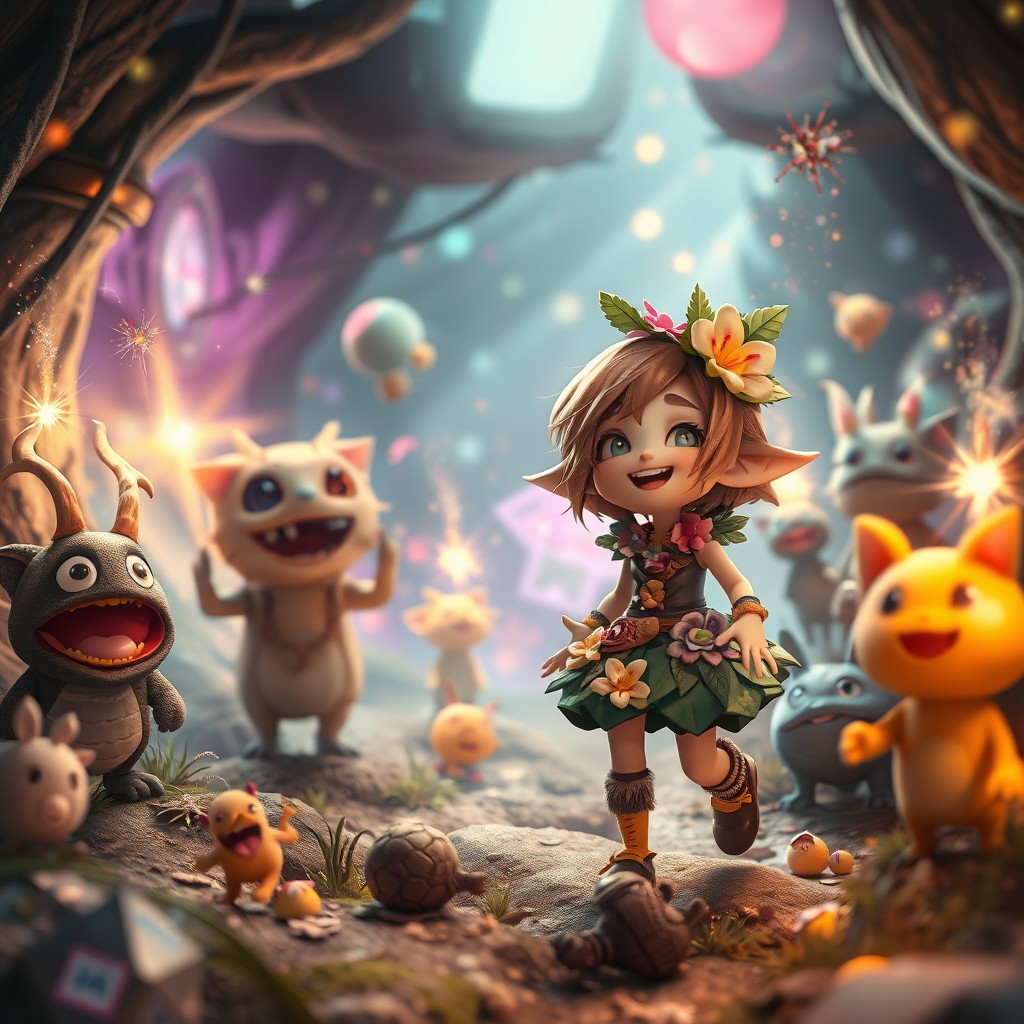 A dramatic and imaginative scene depicting a captivating, mysterious atmosphere where a whimsical character is adventuring in a magical world