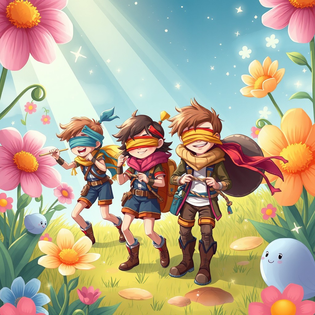 An imaginative and whimsical illustration set in a fantasy world featuring courageous young adventurers who are having a playful, humorous encounter, dressed in stylish costumes with vibrant colors