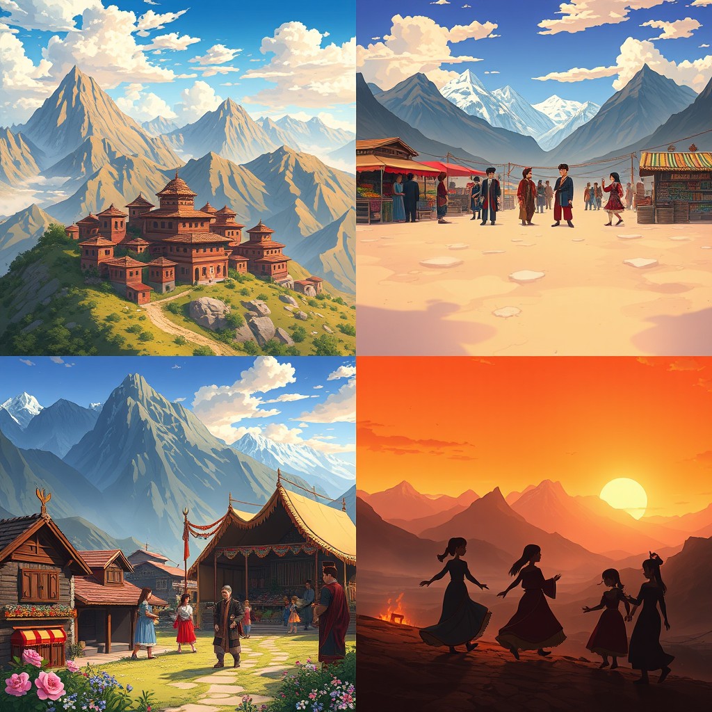 A quartet of images depicting an anime series set in Afghanistan, showcasing breathtaking landscapes, rich customs and traditions, and colorful characters