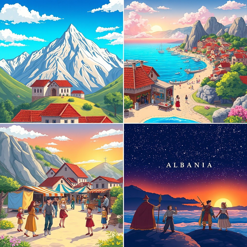 A vibrant and colorful anime series set in Albania showcasing its stunning landscapes, rich customs, and unique traditions