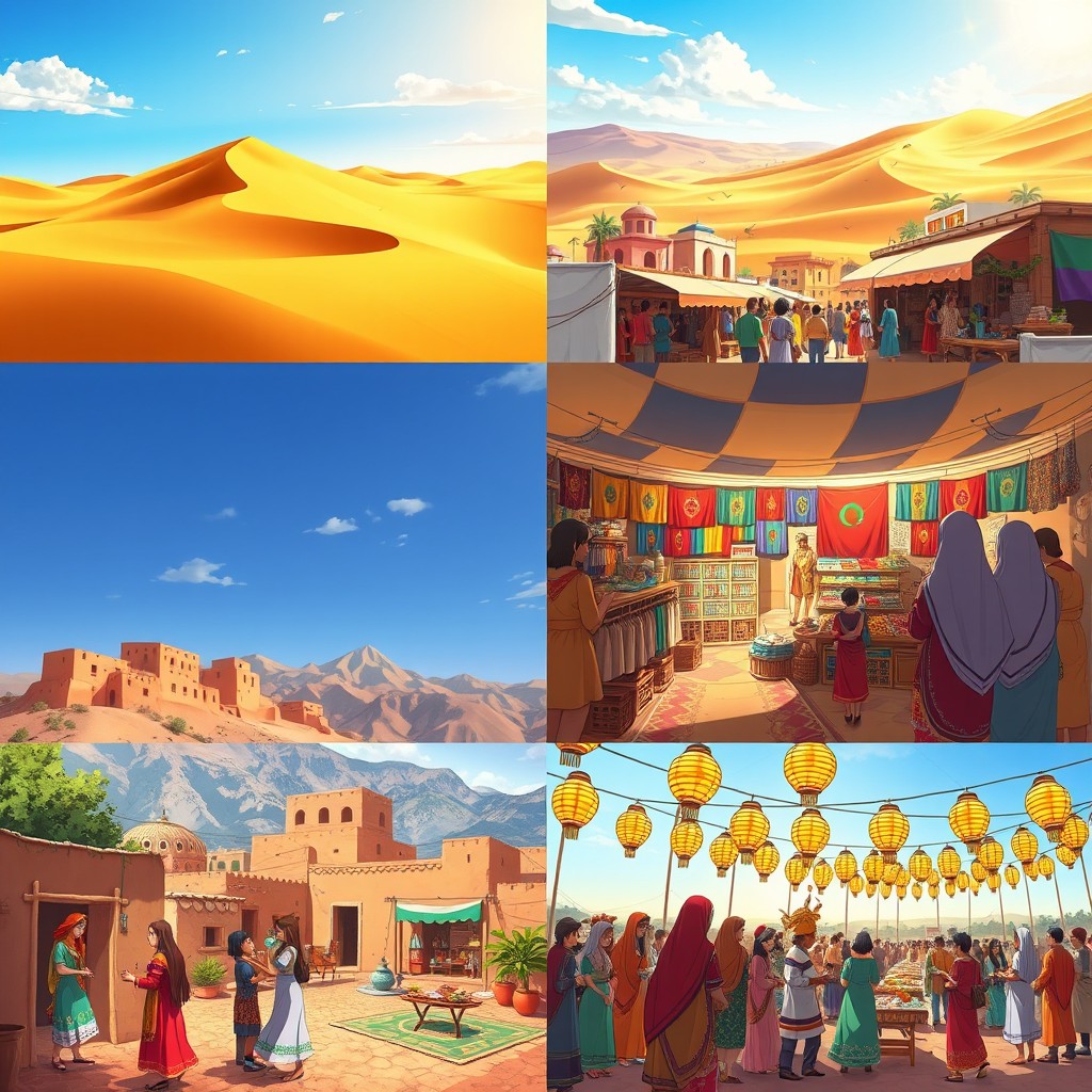 A vibrant depiction of an anime series set in Algeria, featuring a quartet of images