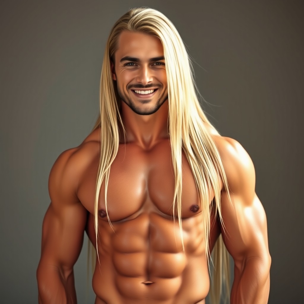 A stunningly beautiful man with extremely long, flowing straight blonde hair cascading down his back, showcasing his huge, well-defined muscles