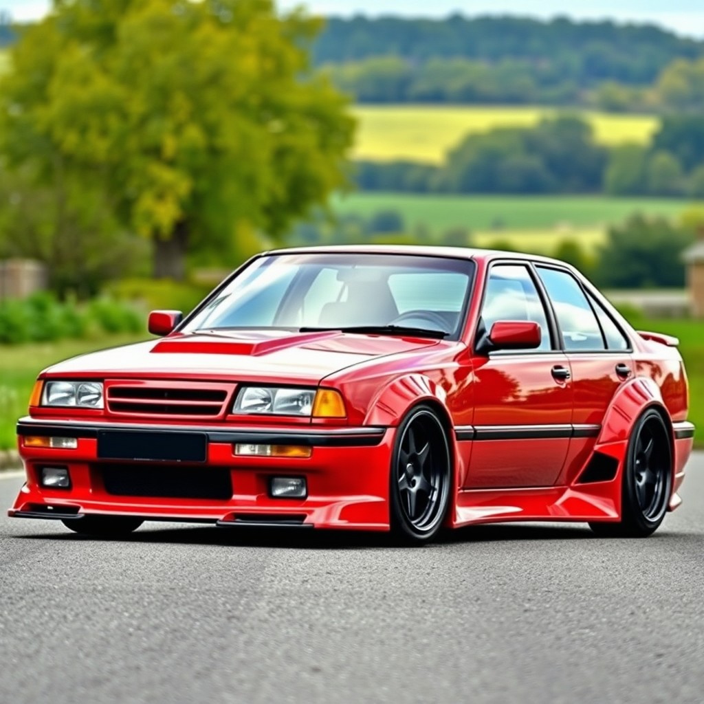 A modified 1995 Opel Omega featuring a sleek widebody kit that enhances its sporty appearance while preserving the original sizes and lights of the car