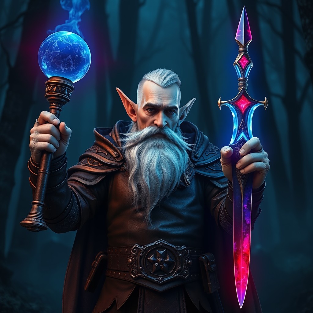 A lean, handsome, middle-aged gnome warlock with pointed ears, buzz cut silver hair, and a well-groomed grey beard