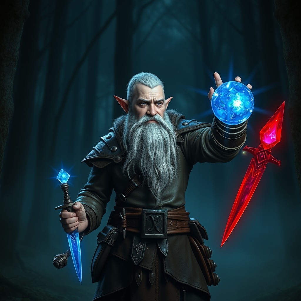 A lean, handsome, middle-aged gnome warlock with pointed ears, buzz cut silver hair, and a well-groomed grey beard